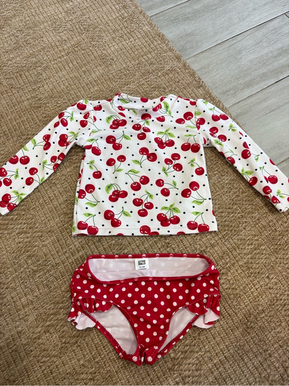 Kids Cherry Print Rash Guard Swim Set - Red & White